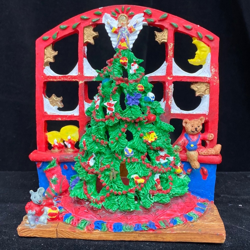 Vintage Cast Resin Christmas Tree Scene Tealight